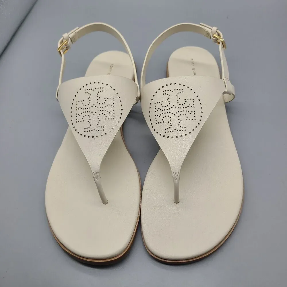 TORY BURCH CAPRI Perforated Logo White Leather Thong Flat Sandals  Sz 10.5 New